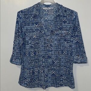 Emily Daniels Sheer Stripe Top Camp Shirt Blue Boho Print Women’s L Large